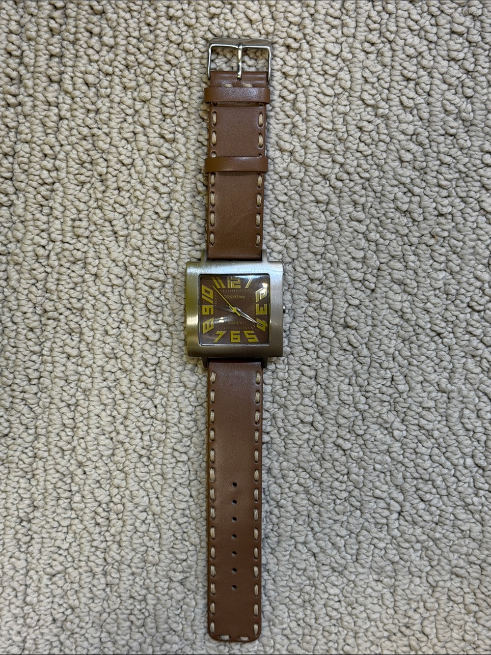 TOKYObay Brown Leather Strap Watch with Yellow Dial Accents